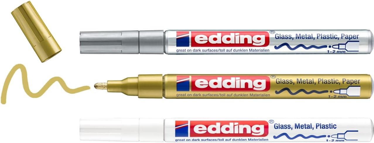 edding 751 gloss paint marker set - white, gold, silver (metallic) - 3 paint markers - round nib 1-2 mm - paint pen for glass, pebbles, wood, plastic, paper - waterproof, high coverage