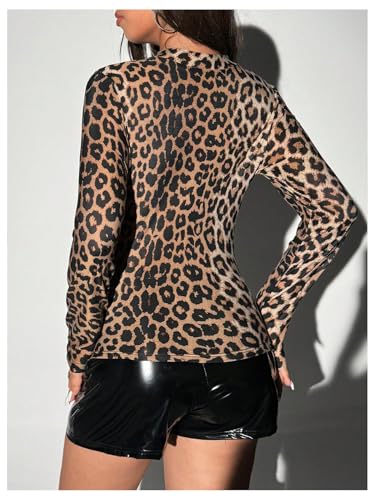 GORGLITTER Women's Cheetah Print Top Leopard Long Sleeve Y2k T Shirts Lace Up Chain Going Out Tops3
