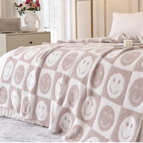 Image of Ultra Soft Cozy Happy Smiling Face Checkered Knitted Throw Blanket Fluffy Microfiber Checkerboard Bed Blanket Lightweight Both Sides Blanket for Couch Sofa Bed (Smile Cream, Throw 50 inchx60 inch)