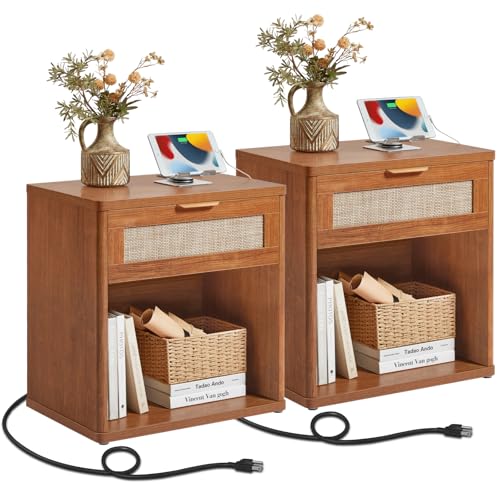 Image of LEYAOYAO Rattan 23 inch Nightstands Set of 2 with Charger for Bedroom
