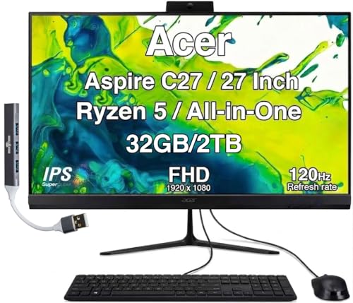 Image of Acer Aspire C27 All-in-One Desktop, 27 inch IPS FHD, Ryzen 5 7430U | 32GB DDR5, 2TB PCIe SSD, Wireless Keyboard and Mouse, Wi-Fi 6E, Bluetooth 5.3, Webcam, Windows 11 Home /w USB Hub