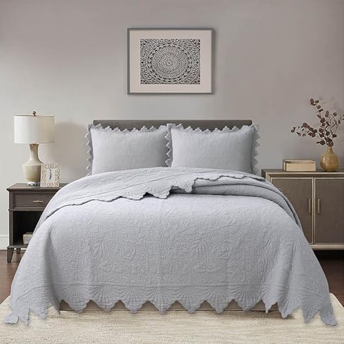 Colcha y cubrecamas dobles King de algodón acolchado gris suave juego de 3 piezas para dormitorio