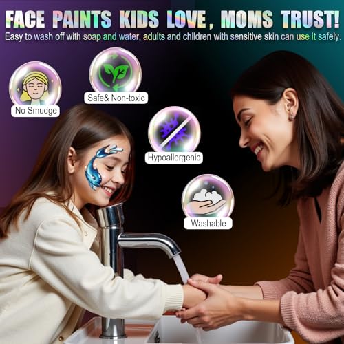 Image of Face Painting Kit for Kids, 36 Colors XL Face Paint Makeup Palette, Non-Toxic and Hypoallergenic| with Stencils, Book, Easy to Use and Safe for Kids, Fun for Halloween, Party, School Event