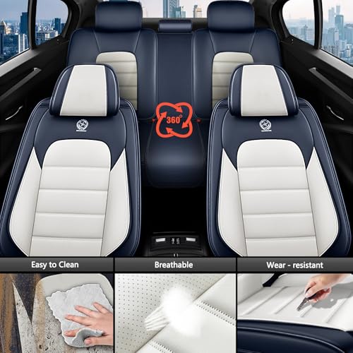 Image of Universal Car Seat Covers for Honda Insight 2002-2022 Anti-Slip Seat Covers,Waterproof Faux Leather Full Coverage Car Seat Protectors Interior Accessories(5Pcs Standard /Blue&White)
