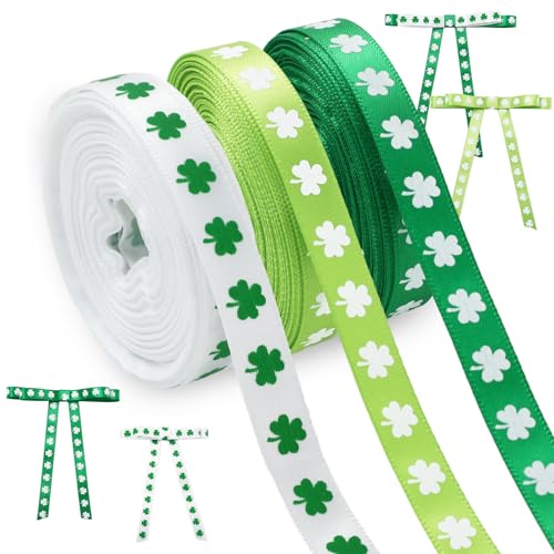JarThenaAMCS 6 Rolls 60 Yards St. Patricks Day Ribbons 3/8 Wide Ribbon Green White Shamrock Lucky Clover Satin Ribbon for Irish Holiday DIY Craft Wrapping Accessories