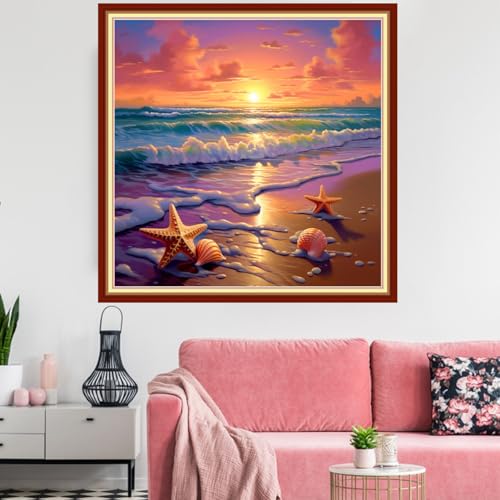 Image of Redxing Stamped Cross Stitch Kits Embroidery kit for Beginners Adults Full Range of Embroidery Patterns Starter Kits DIY Printed Cross Stitch Kits Needlepoint Kits 11CT-Sunrise by Sea 18x18 inchs