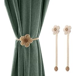 Lewondr Magnética Cortina Hebilla, [2 PZS] Abrazaderas Imán para Cortinas sin Perforaciones, Clips de Material Arpillera, Hebilla Magnética de Cortina Atados de Cuerda - Blanco y Beige