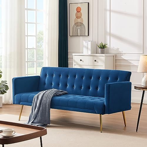 72"Modern Velvet Sofa Bed Futon,Convertible Folding Sleeper Bed Couches With 3 Adjustable Backrests,Tufted Recliner Love Seat With Golden Chrome Legs For Living Room Apartment Home Office (Navy) #TOP3
