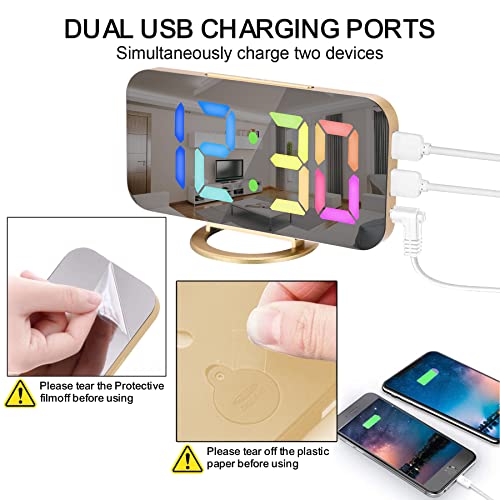 Szelam Alarm Clock For Bedroom,6.5 In Digital Clocks Large Display,With 2 Usb Charger Ports,3 Levels Brightness,Snooze,Modern Led Mirror Clock For Kid Teen Girl Room Decor - Gold #TOP7