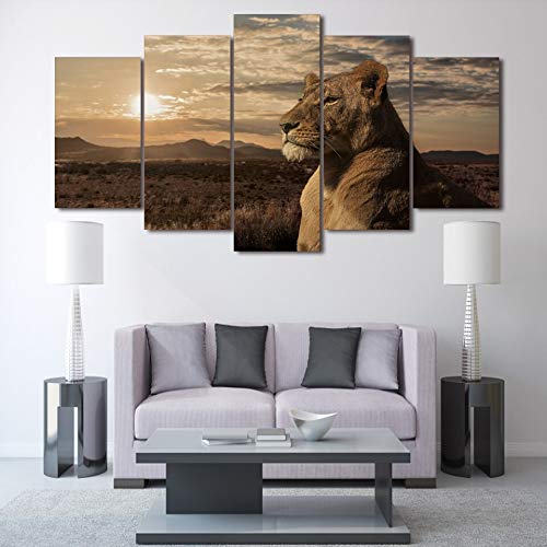 HGFHGD 5 joint paintings African grassland lion animals home canvas oil painting art creative wall decoration painting mural