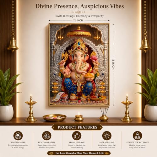 Image of Rangoli Lord Ganesha Self Adhesive Poster 12x18 Inch | Ganpati Bappa Hindu God Wall Sticker Poster for Home Temple Pooja Room Living Room Office Decor | Spiritual Devotional Wall Art