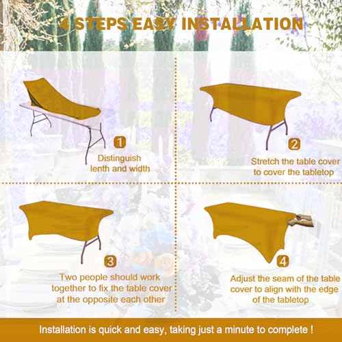Image of FOLINS&HOME 2 Pack Gold 6ft Fitted Spandex Water Resistant Tablecloth | Washable Elastic Rectangle Table Cover for 6 Foot Folding Tables, Stretch Table Cloth for Weddings, Banquets, Parties (2 Pcs)