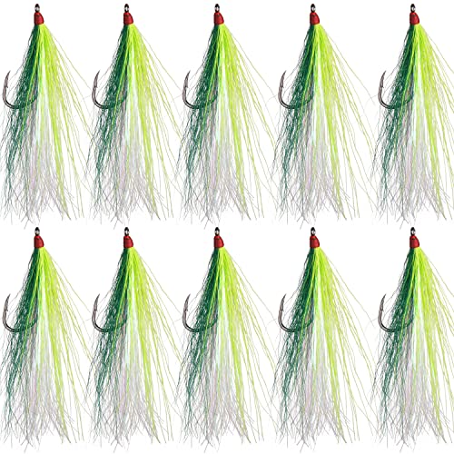 Bucktail Teasers Fishing Hooks Saltwater, 10pcs Fishing Teaser Lures Crystal Mylar Flash Teasers Jig Hooks for Flounder Salmon Trout Striped Sea Bass Bluefish Yellow&Green