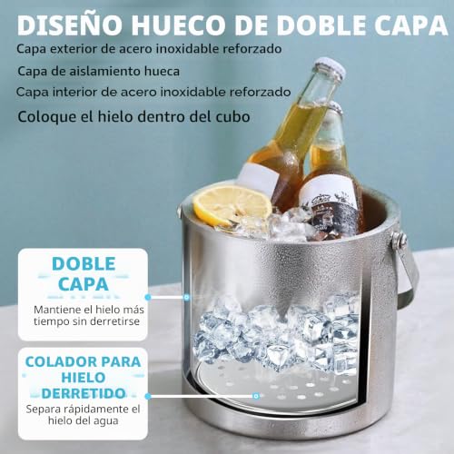 Miniatura 3 de Cubitera De 4l Con Tapa, Set De Cubo De Hielo De Acero Inoxidable De Doble Pared Con Colador, Pinzas Para Hielo, Pala Para Hielo, Molde De Cubitos De Silicona, Enfriador De Champán Y Vino Para Cerveza