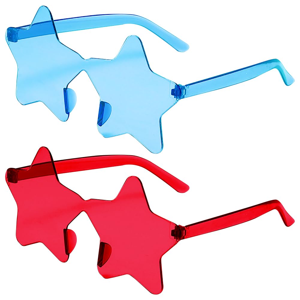 HugeDE 2 Pcs Star Shape Rimless Sunglasses Transparent Fun Sunglasses Plastic Colored Party Sunglasses Halloween Costume Sunglasses Party Favor Eyewears Red Blue