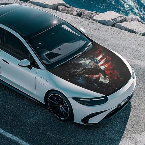 Image of Bald Eagle American Flag Design Hood Cover for Car SUV Sedan Truck, Waterproof Elastic Polyester Car Hood Protector, Automotive Exterior Decorative Accessories for Summer