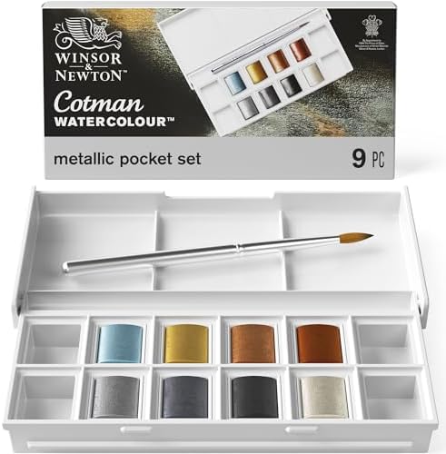 Winsor & Newton Cotman Watercolor Paint Set, 8 Half Pan, Metallic Colors w/ Brush