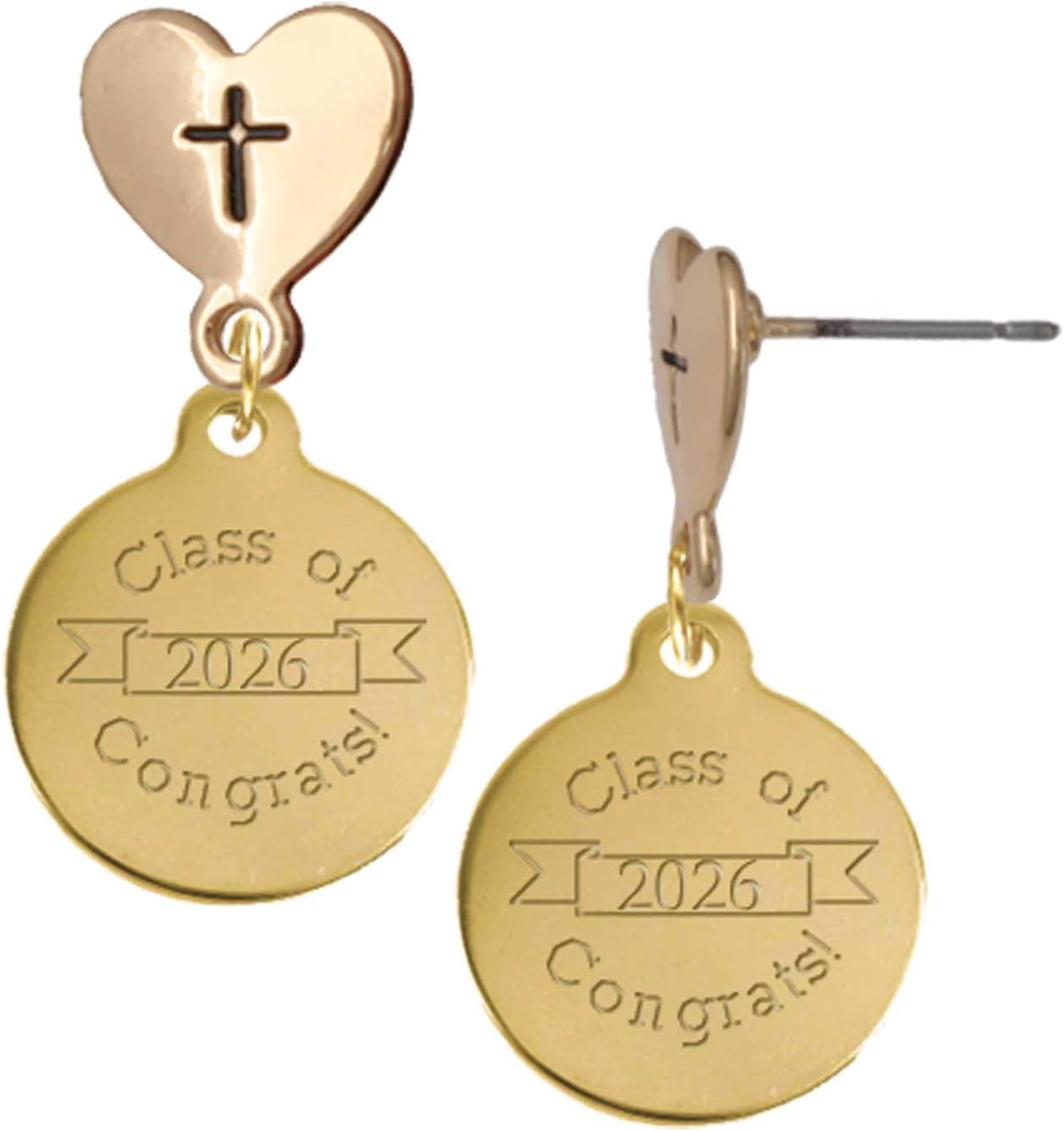 Delight Jewelry Goldtone Engraved Class of Cross in Heart Post Dangle Earrings