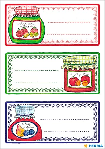 HERMA 3766 Einmachetiketten für Marmelade, 76 x 35 mm, selbstklebende Haushaltsetiketten im Früchte Design für Einmach- und Gewürzgläser, 12 Küchen-Aufkleber