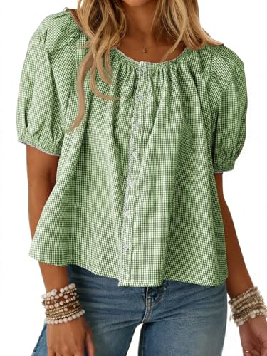 Image of Tankaneo Womens Puff Sleeve Gingham Blouse Summer Plaid Crew Neck Cute Tops Trendy Casual Button Down Shirts, Green, L