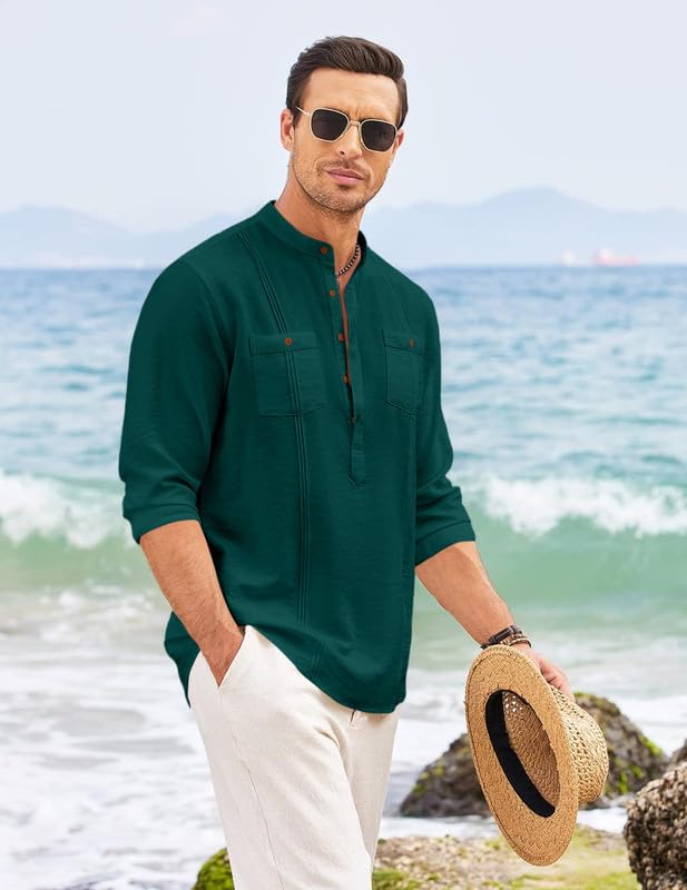 Image of Macsivo Combo of Men's Regular Fit Cotton Blend Solid Casual Short Kurta with Mandarin Collar and Pockets Kurta Pack of 2