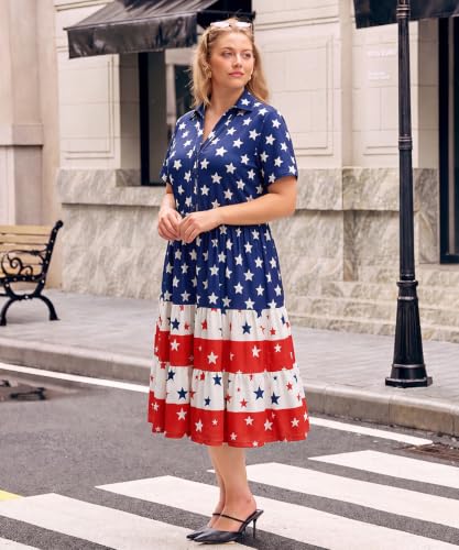 Image of CARCOS Plus Size Dresses for Curvy Women Collared Vneck Short Sleeve Dresses Midi Summer Ruffle Dress with Pocket XL-5XL