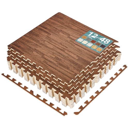 Image of Sorbus Wood Grain Floor Tiles Foam Mat EVA Interlocking Mats Tile 3/8-Inch Thick Flooring Wood Puzzle Exercise Mats w/Borders - Home Playroom Basement, Apartment, Trade Show, Baby, Dance