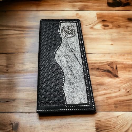 Urbalabs Mens Long Wallet Basketweave Black Leather Soft Leather Cow Hair Checkbook Style Cowboy Hand Crafted High End Mens Wallets Leather Lone Star Concho Gifts For Men3