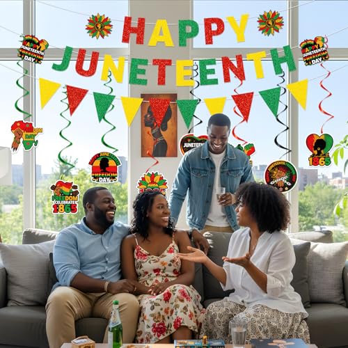 Image of Gameza Happy Juneteenth Party Decorations - 11 Pcs Freedom Day Juneteenth Party Banner Hanging Swirls Decorations, Black History Independence Day Themed Supplies for African American