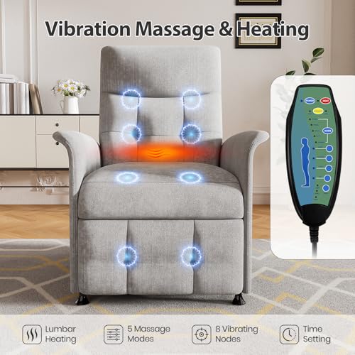 Image of Power Recliner Chair for Adults with Heat & Massage - Soft Fabric Electric Reclining Sofa with Remote Control, 3 Side Pockets, 180 Lay Sleeper for Home Theater Living Room, Light Grey