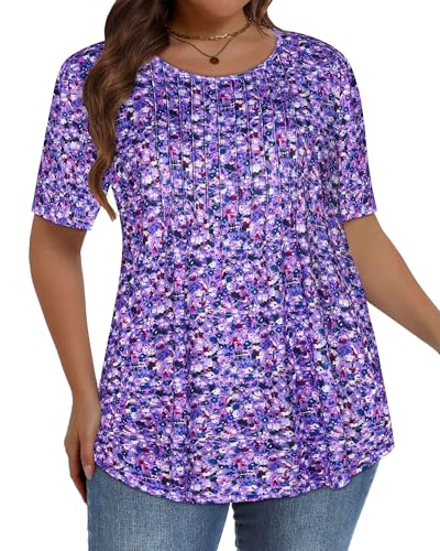 Image of Plus Size Tops for Women Pleated Summer Top Trendy Short Sleeve Shirts Casual Basic Tee Crew Neck Blouses 2026