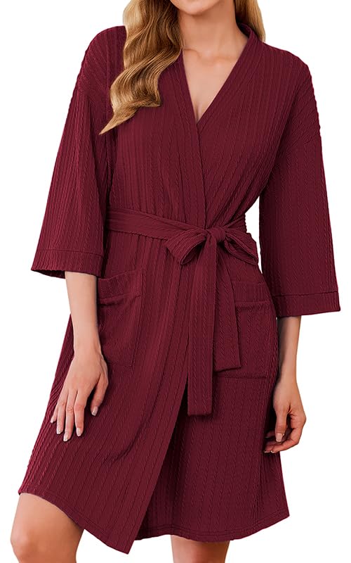 Ekouaer Damen Bademantel Verdreht Gerippt 3/4-Ärmel Morgenmantel Kurz mit Taschen und Bindengürtel Robe Kimono S-XXL