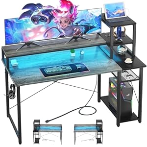 47.2” Gaming Desk with LED and storage Shelves, 47 Computer Desk with Long Monitor Stand, Small Desk for Small Space, Simple Study Student Writing Desk, Laptop Table for Home Office, Grey