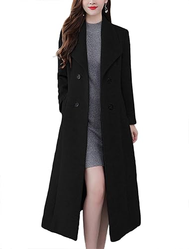 chouyatou Women's Chic Shawl Collar Work Double Breasted Maxi Long Wool Pea Coat - Large - Black