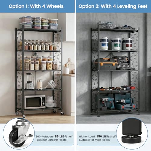 Image of ALANNG 70.7 inch H Metal Storage Shelves, 5 Tier Folding Shelf on Wheels | Heavy Duty, No Assembly, Rolling, Collapsible Rack Unit for Kitchen, Basement, Pantry (Black,1 Pack)