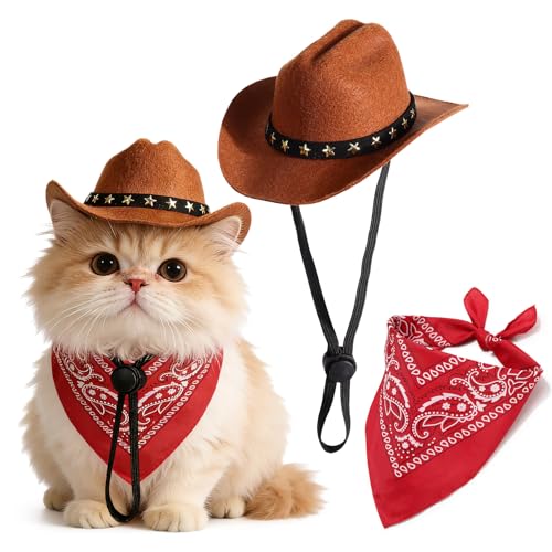 Pet Cowboy Costume Dog Cowboy Hat with Bandana Scarf Adjustable Cat Cowboy Hat for Party Cosplay Christmas Halloween Cowboy Costumes for Small Pet Dogs Cats (Brown Small)