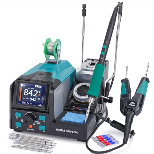 YIHUA 982D-I PRO 2 IN 1 Precision Microsoldering Iron Hot Tweezers Soldering Station with 10 Tip Cartridges Individual Operating Interfaces Dual Holder Auto Temp Calibration 4 Pre-set Channels