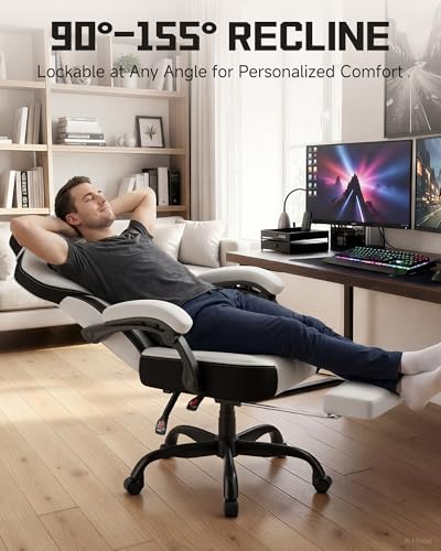 Image of GTPLAYER Gaming Chair for Adults, Ergonomic High Back Chair with Footrest | Big & Tall Computer Video Gaming Chair, Comfort Wide Seat with Lumbar Support for Big /Tall, Office /Home, Linen, Bright Grey