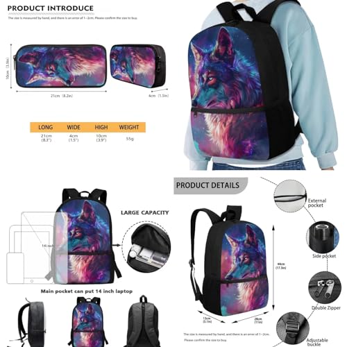 Wolf Galaxy Printed Backpack Set with Insulated Lunch Box for Kids, 17 Inch Backpack and Pencil Case Set for Kindergarten Elementary, Lightweight School Bag for Girls Boys Teens3