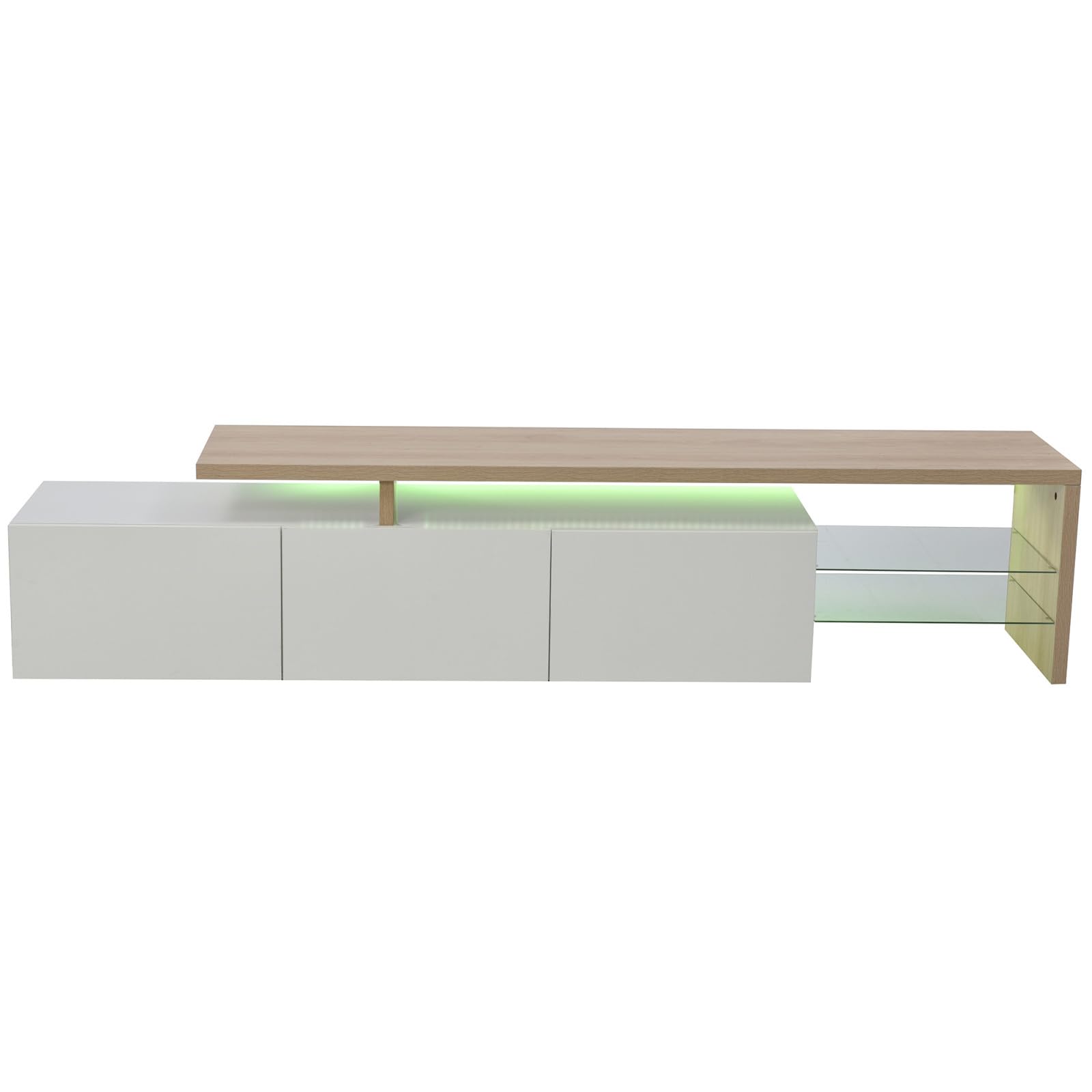 BestAlice Mueble de TV LED moderno de madera y blanco con luces LED variables, mueble TV de 200 cm con almacenamiento brillante, 3 puertas y estantes de cristal para sala de estar