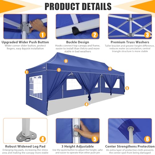 Image of HOTEEL 10x30 Heavy Duty Pop Up Canopy with Sidewalls, Instant Commercial Party Event Wedding Tent, Waterproof UV 50+, Thickened Hexagonal Legs Tent with Carry Bag, Deep Blue