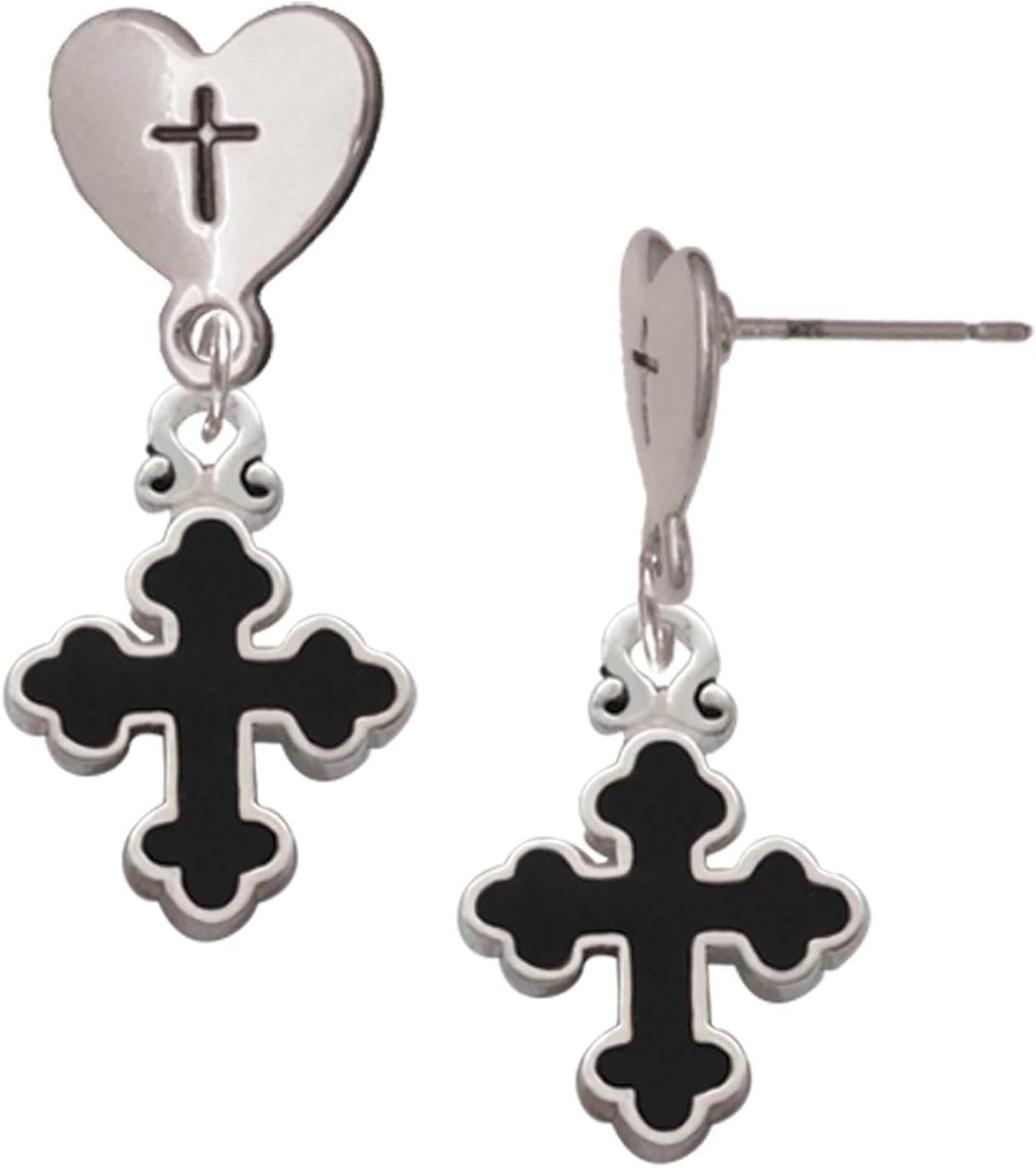 Delight Jewelry Silvertone Small Black Enamel Botonee Cross - Cross in Heart Post Dangle Earrings