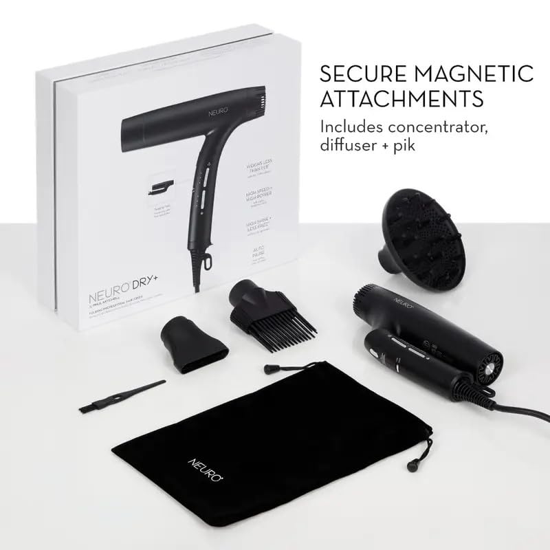 Neuro par Paul Mitchell Dry+ Séchoir professionnel de voyage pliant avec sac de rangement, léger + Portable, noir pour usage domestique, blanc perlescent avec double tension automatique pour les voyages internationaux