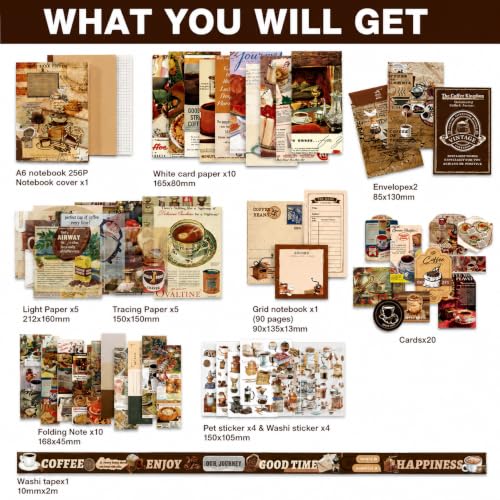 Image of RANDEN Coffee Bazar Journaling Kit, 346PCS Vintage Scrapbook & Stationery Set with Aesthetic Stickers, Ephemera Pack and Journal Supplies for Bullet Journals, Planners, Albums & Creative Crafts (COFFEE BAZAR)