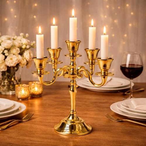 Image of Aluminum 5-Arm 8inch Gold Candelabra for Dining Table | Vintage Candle Stand for Romantic Dinner, Home & Wedding Decor