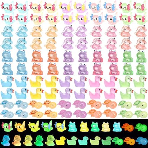 100PCS Luminous Mini Resin Ducks Tiny Animals Glow in The Dark Duck Turtles Unicorn Frog Axolotl 5 Combination Sets for Garden Micro Landscape Aquarium Potted Dollhouse