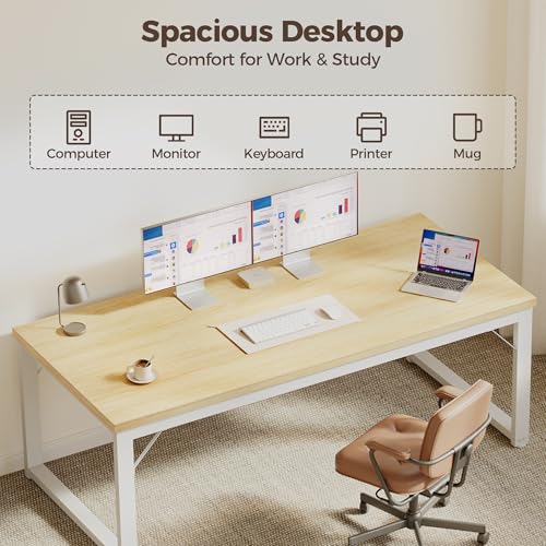 Image of Mericonia 40 Inch Computer Desk, 1 inch Thick Small Office Table, Oak | Modern Simple Style, Heavy Duty Industrial Frame, Small Study & Writing Table for Home Bedroom Work
