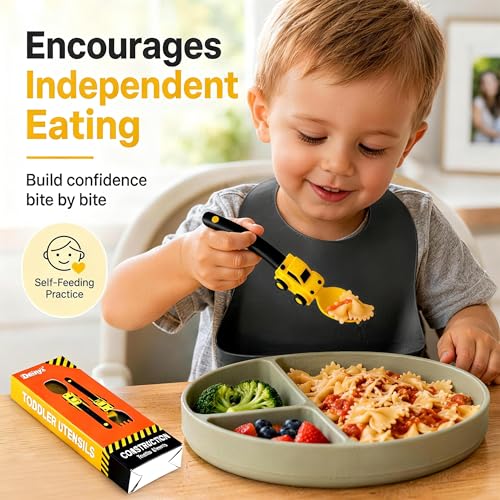 Image of Deinyi Construction Toddler Fork and Spoon Set, Baby Self Feeding Utensils | with Easy Grip Silicone Handles, Kids Tableware for 1 2 3 4 5 Year Old, Halloween Christmas Birthday Gifts, Yellow