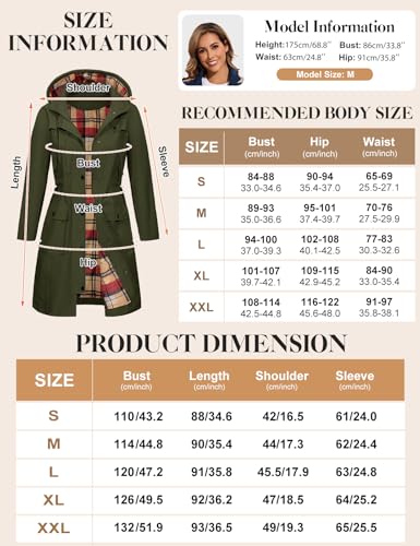 Tuopuda Regenjacke Damen Wasserdichte Übergangsjacke Lange Regenmante Windbreaker Jacke Leicht mit Abnehmbare Kapuze Regenparka Atmungsaktiv für Frühling Sommer Herbst, Armeegrün, XL