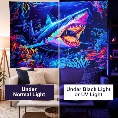 Image of BlissYard Shark Ocean Blacklight Tapestry Glow In The Dark UV Reactive Wall Hanging With Neon Coral Psychedelic Horror Poster Black Light Tapestries For Bedroom Party Decor 78x59 Inch